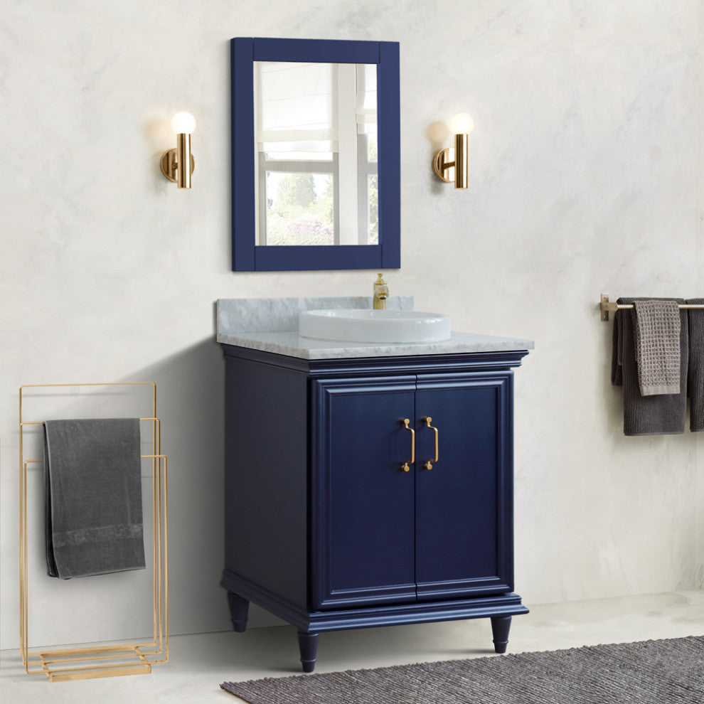 31" Single Vanity, Blue Finish With White Carrara And Round Sink