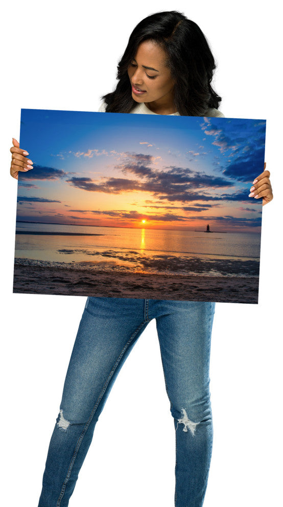 Sunset at Breakwater Lighthouse Coastal Landscape Unframed Wall Art Print, 18" X 24"