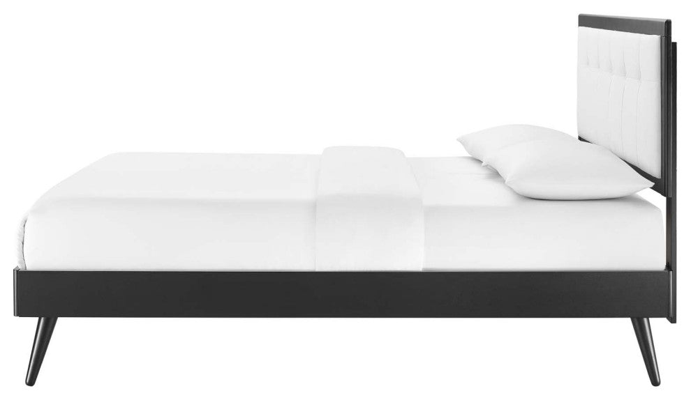 Platform Bed Frame, Queen Size, Fabric, Wood, Black White, Modern Mid-Century