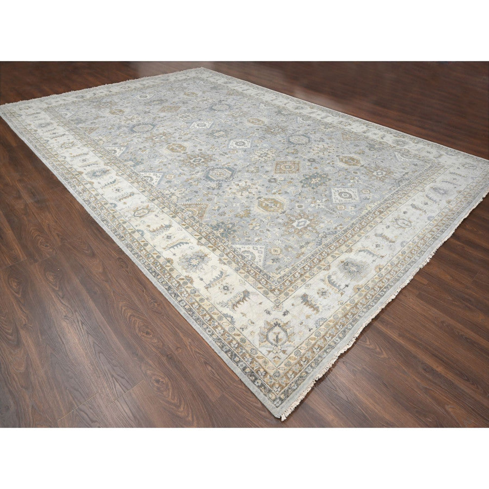 Lavender Gray With Ivory Hand Knotted Karajeh Design Wool Rug 12'2"x17'11"