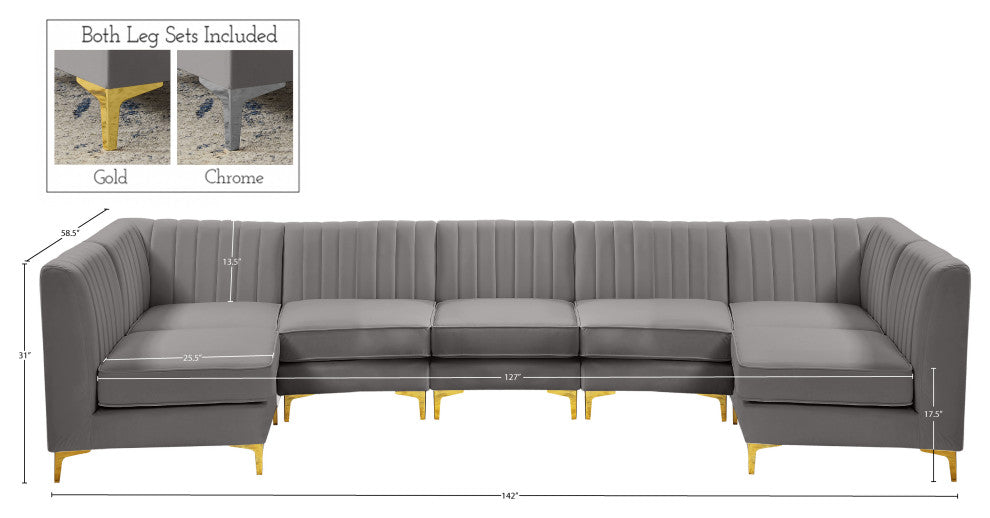 Alina Velvet Modular U-Shaped Sectional, Grey, 7-Piece: 5 Armless Chair, 2 Corner Chair