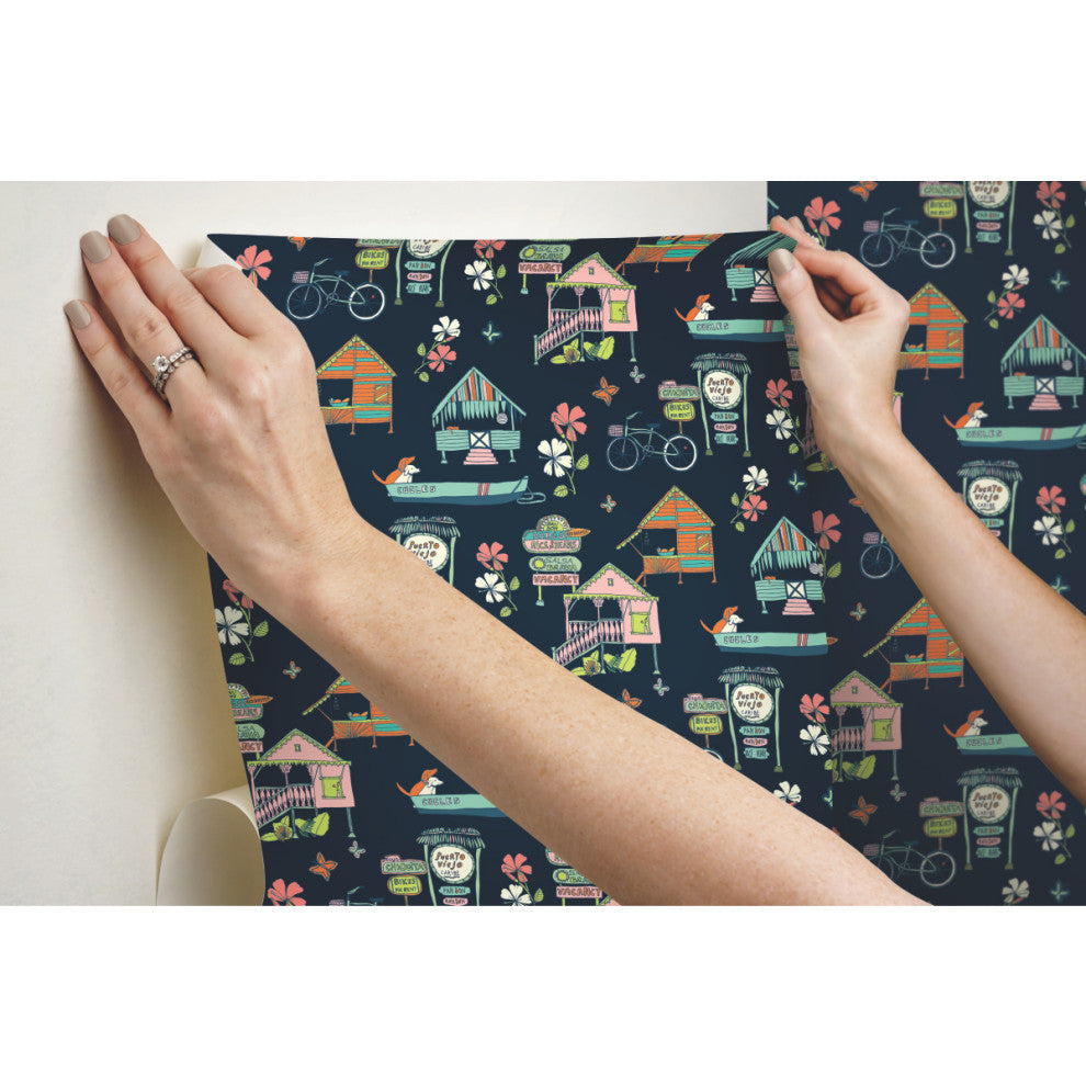 Holalola Caribbean Peel and Stick Wallpaper, Dark Blue