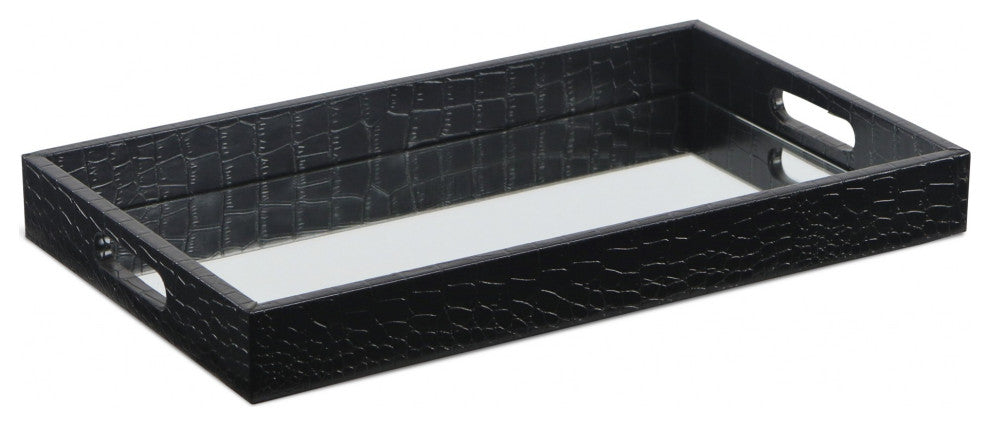 Black Faux Snakeskin Tray With Beveled Mirror