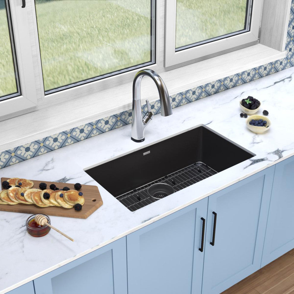Quartz Classic 33" Single Bowl Undermount Sink Kit With Filtered Faucet, Black