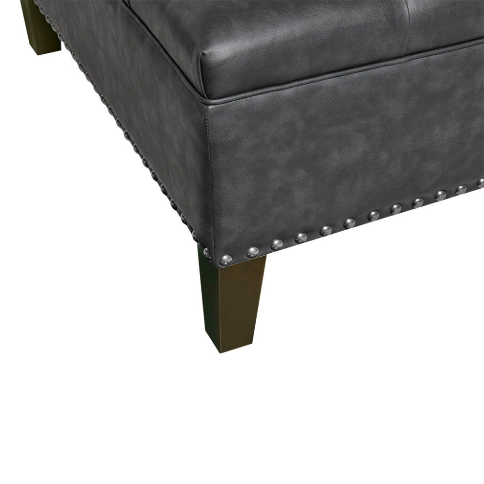 Madison Park Leathered Tufted Square Ottoman, Charcoal Grey