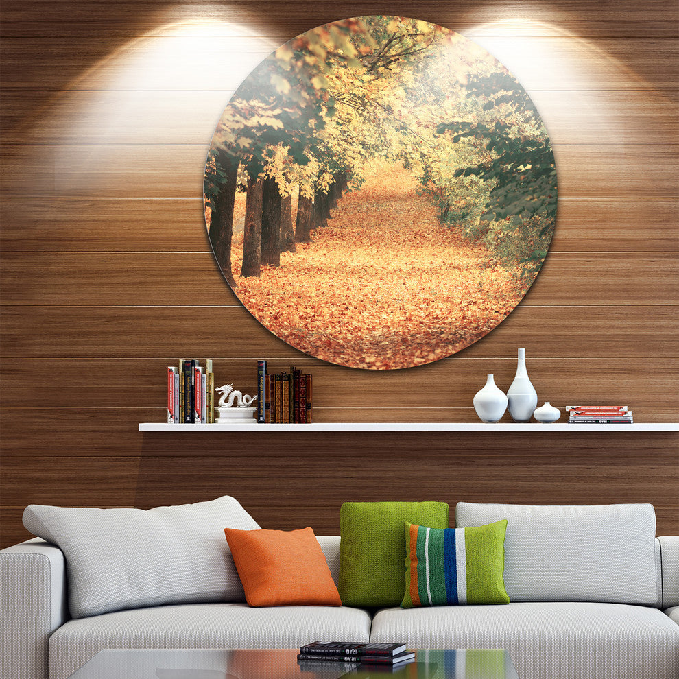 Autumn Forest With Walking Path, Modern Forest Disc Metal Wall Art, 36"