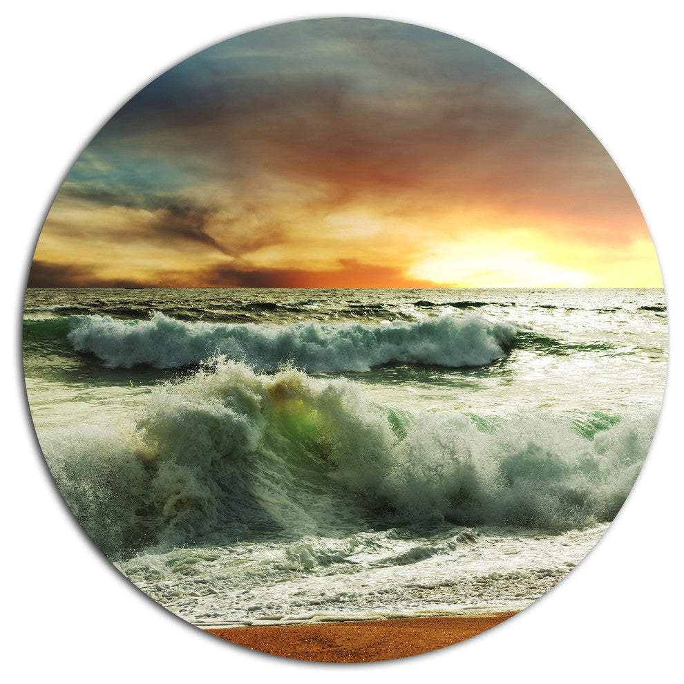 Rushing Waves In Evening Beach, Seashore Disc Metal Wall Art, 23"