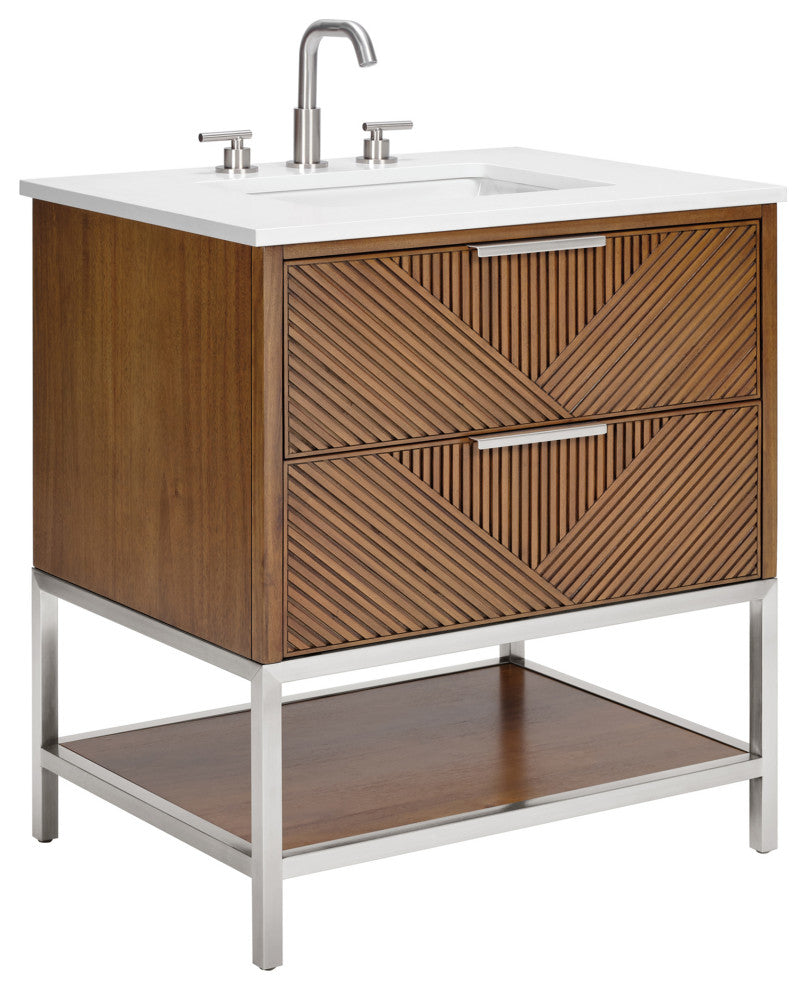 Diamond 30" Bath Vanity, Walnut/Brushed Nickel, 30", White Quartz Top
