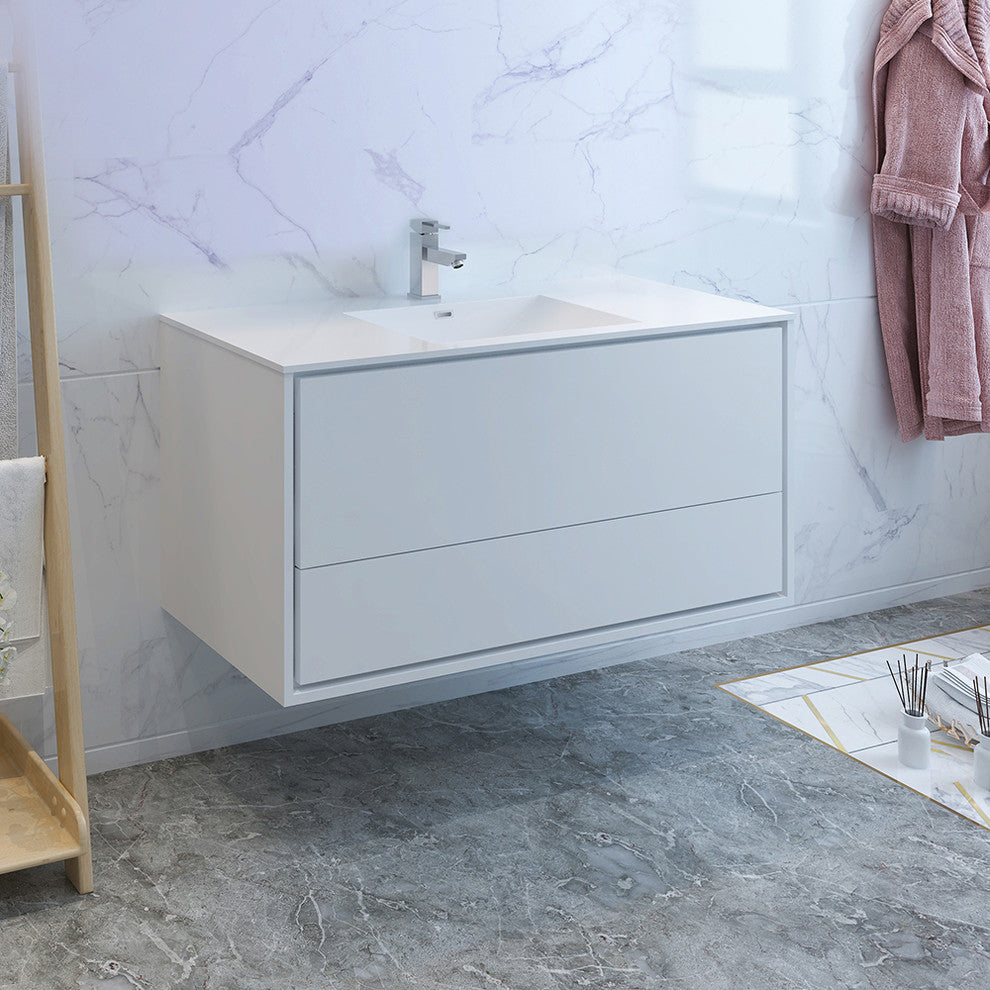 Fresca Catania 48" Gloss White Wall Hung Cabinet With Integrated Sink