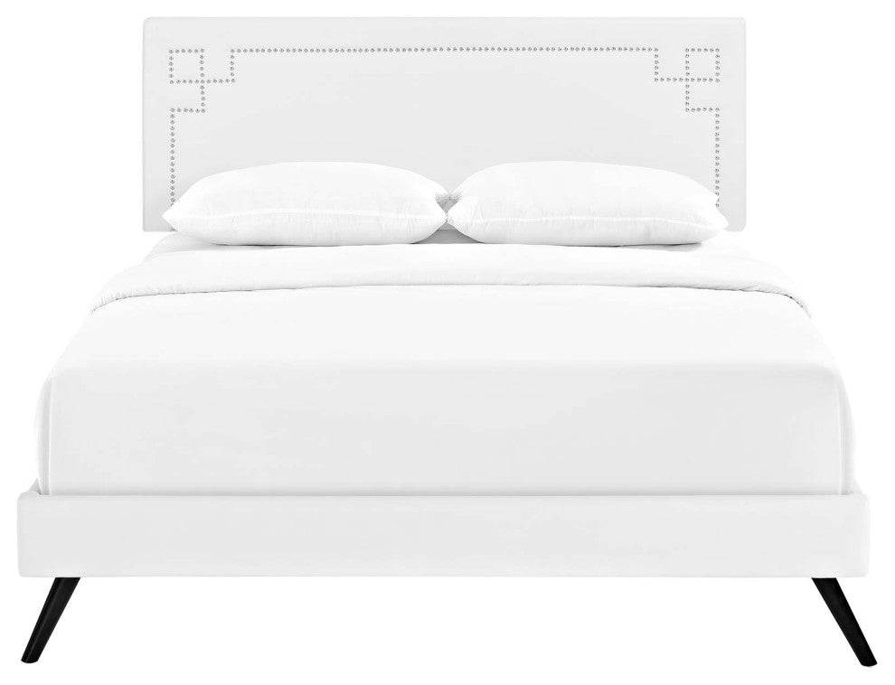 White Ruthie Full Vinyl Platform Bed with Round Splayed Legs