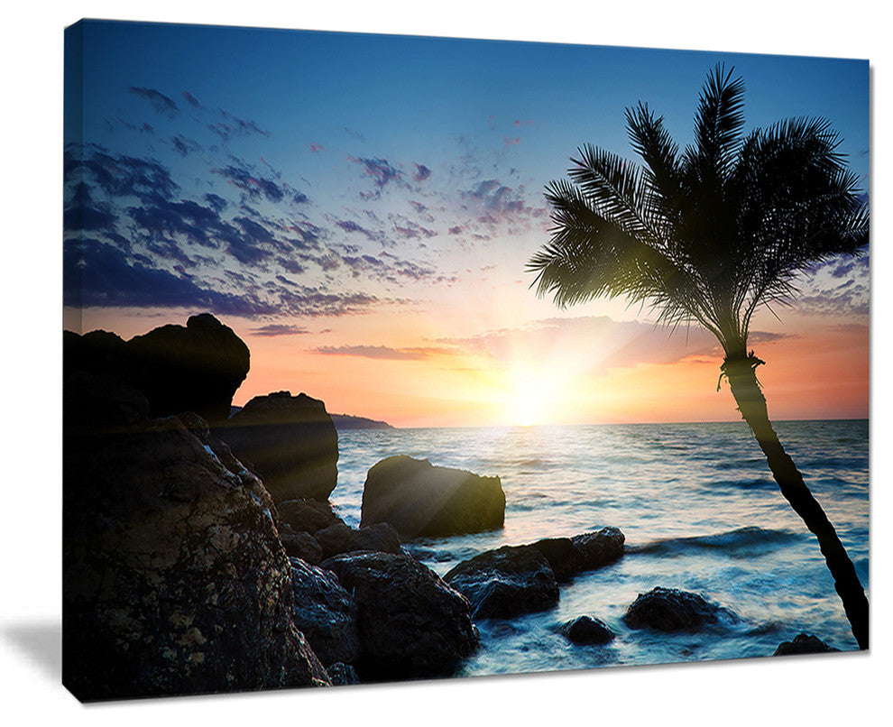 "Lonely Palm Tree On Rocky Beach" Modern Seashore Canvas Art, 20"x12"