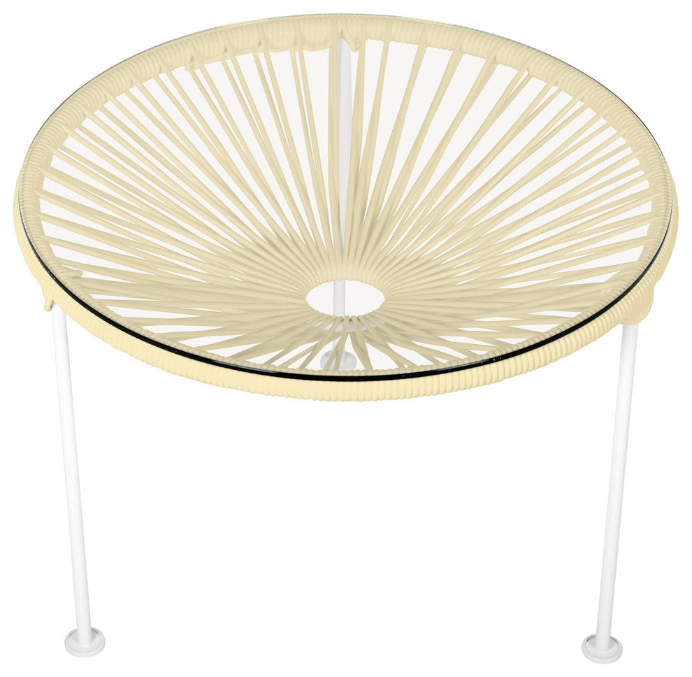 Zicatela Indoor/Outdoor Handmade Side Table, Ivory Weave, White Frame