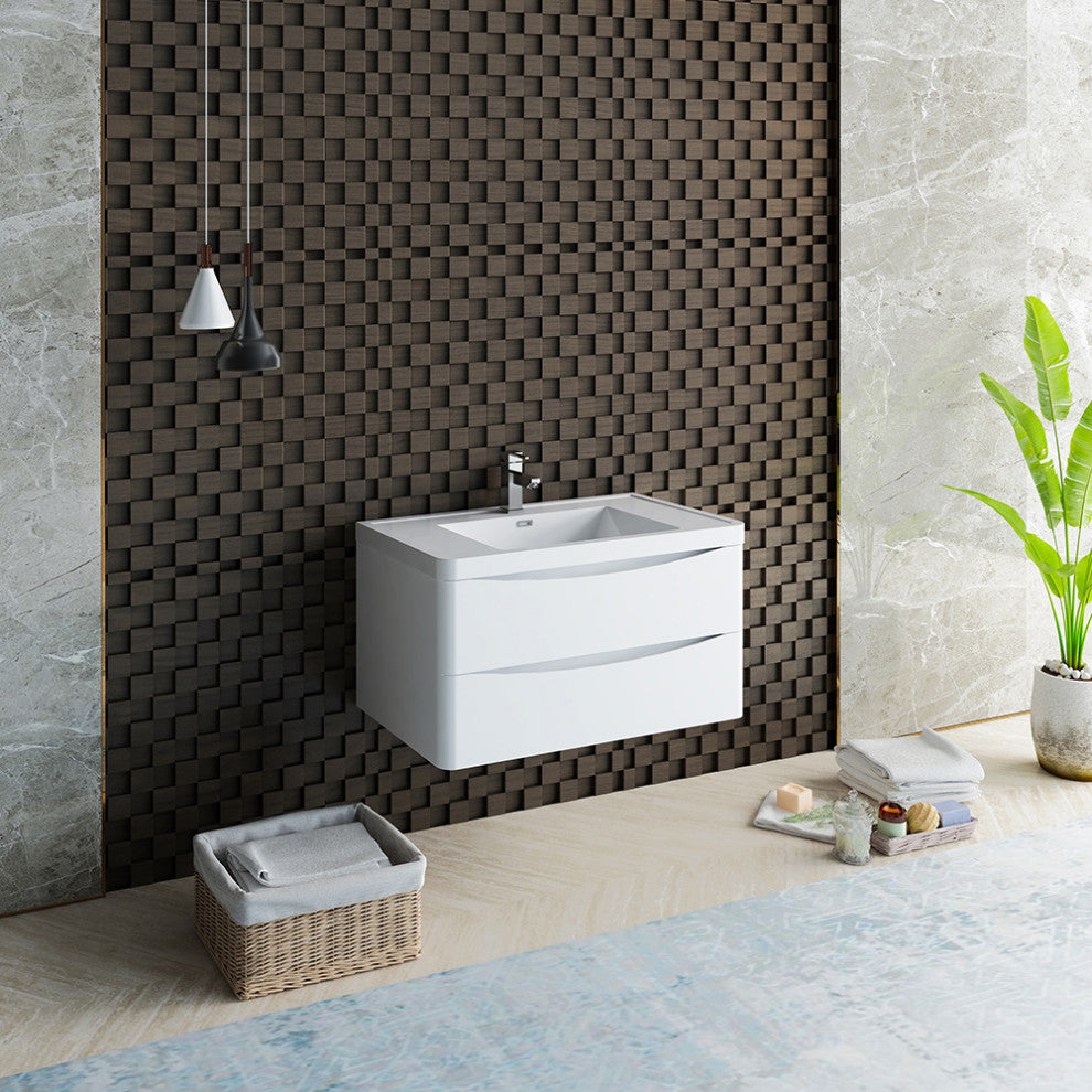 Fresca Tuscany 36" Gloss White Wall Hung Cabinet With Integrated Sink