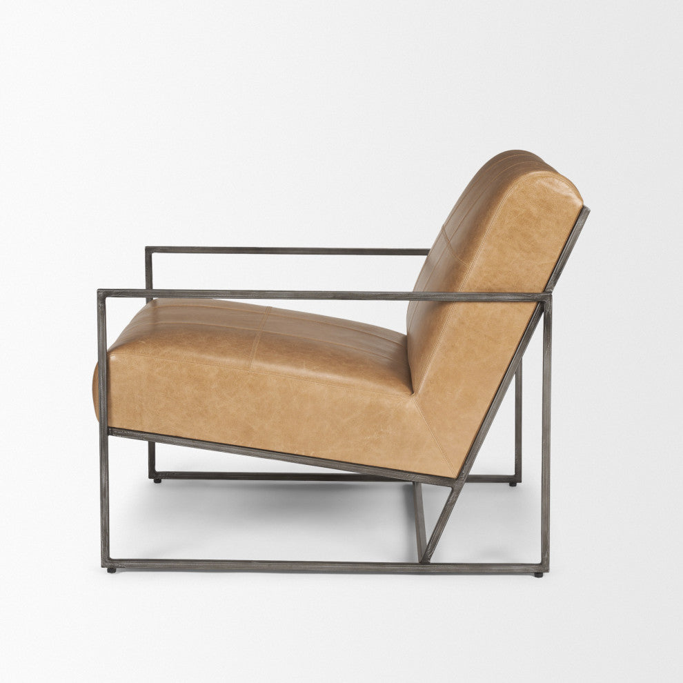 Stratton Gunmetal With Genuine Brown Leather Upholstered Accent Chair