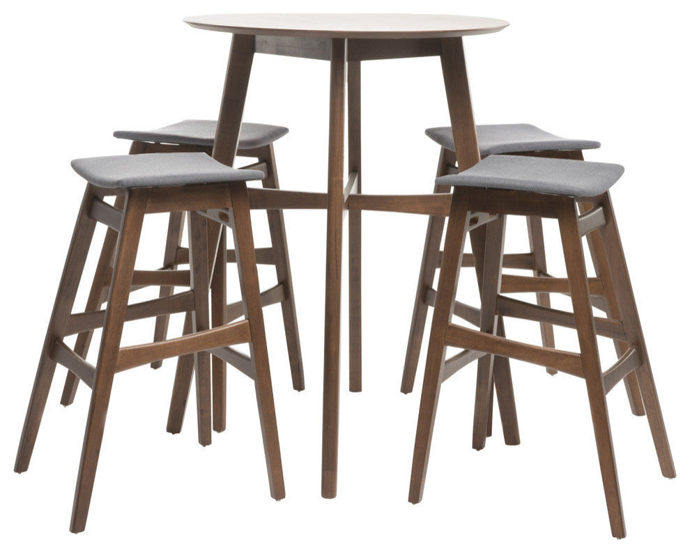 GDF Studio 5-Piece Simi Natural Walnut Finish Circular Bar Height Dining Set, Dark Gray