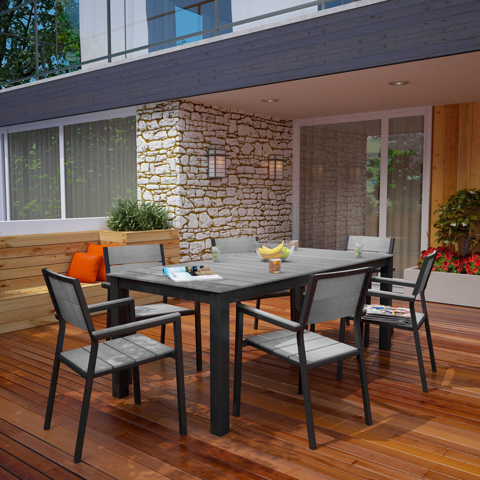 Modern Urban Contemporary Set of 7 Outdoor Patio Dining Set, Brown Gray Steel