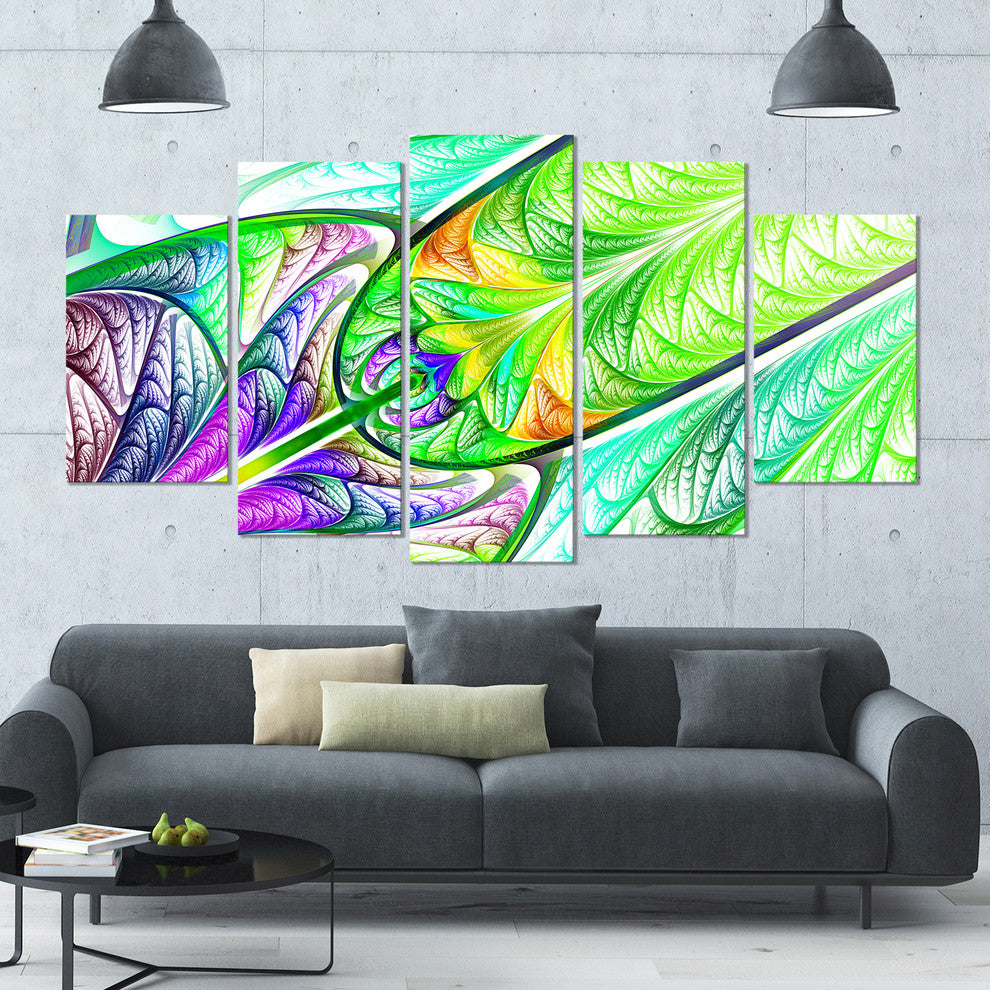 Green Blue Fractal Stained Glass, Abstract Wall Art Canvas, 60"x32", 5 Panels