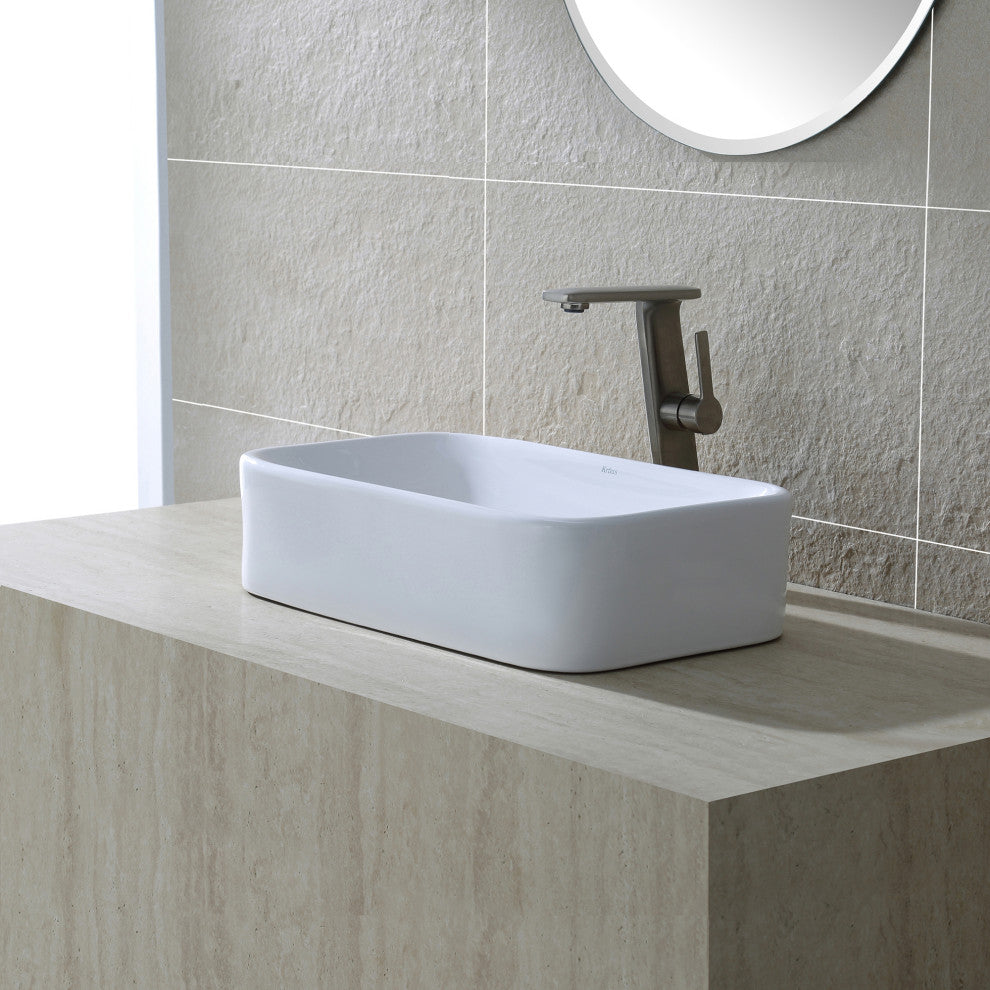 Elavo Ceramic Rectangle Vessel White Sink, PU Drain Satin Nickel