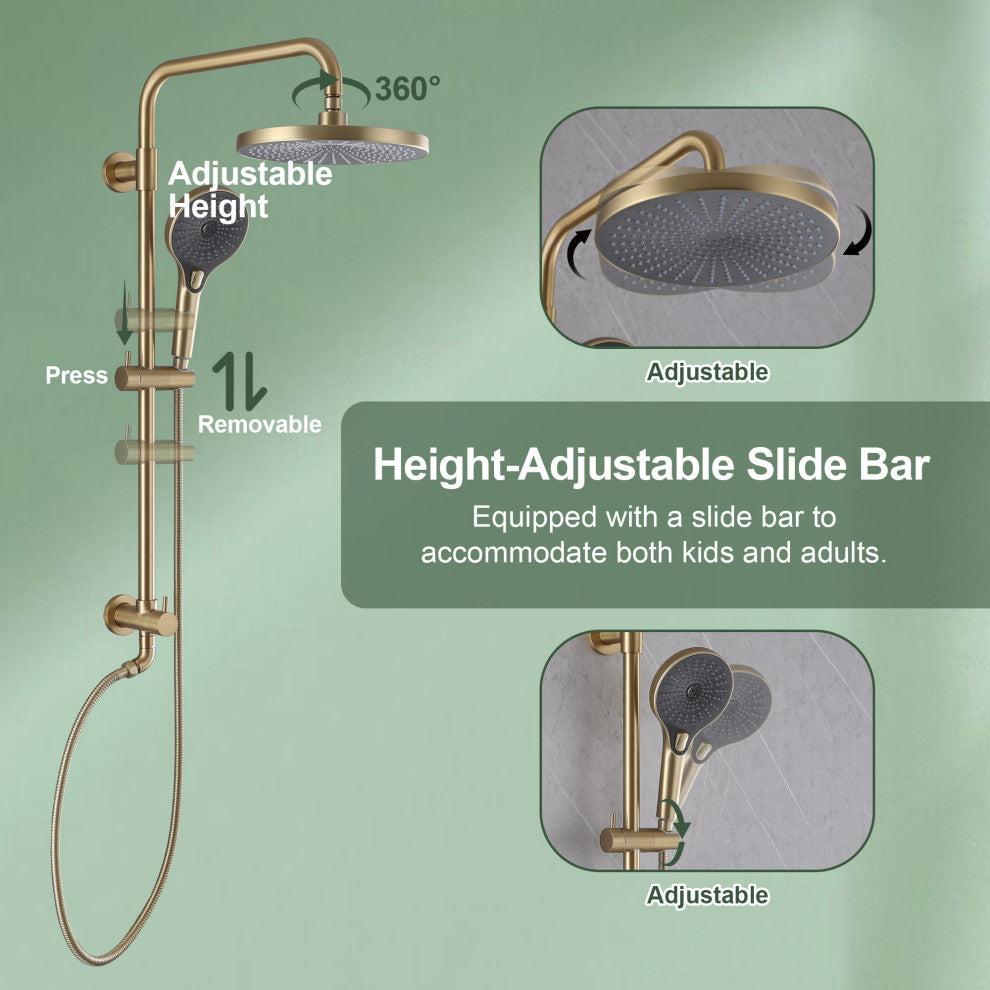 Shower System With Handheld Shower & Shower Head (Not Included Rough Valves), Brushed Gold