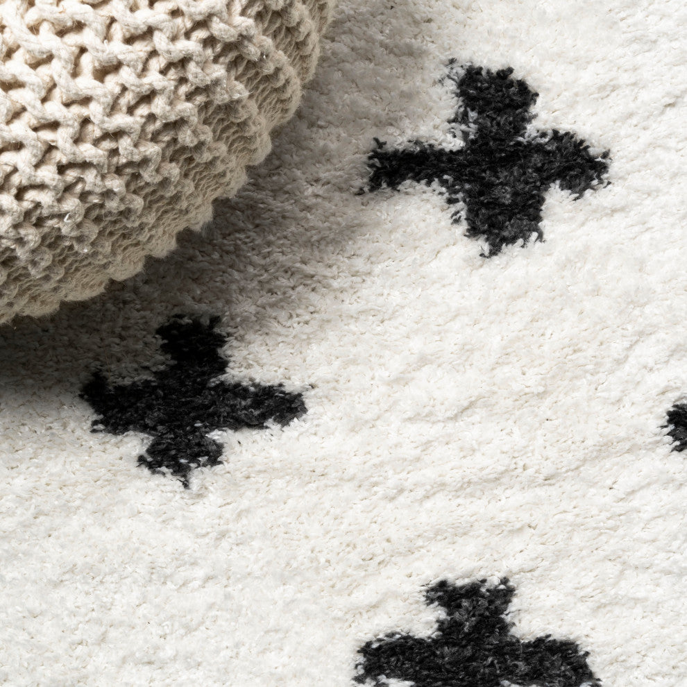 Cristo Berber Geometric Shag Rug, White/Black, 2x8