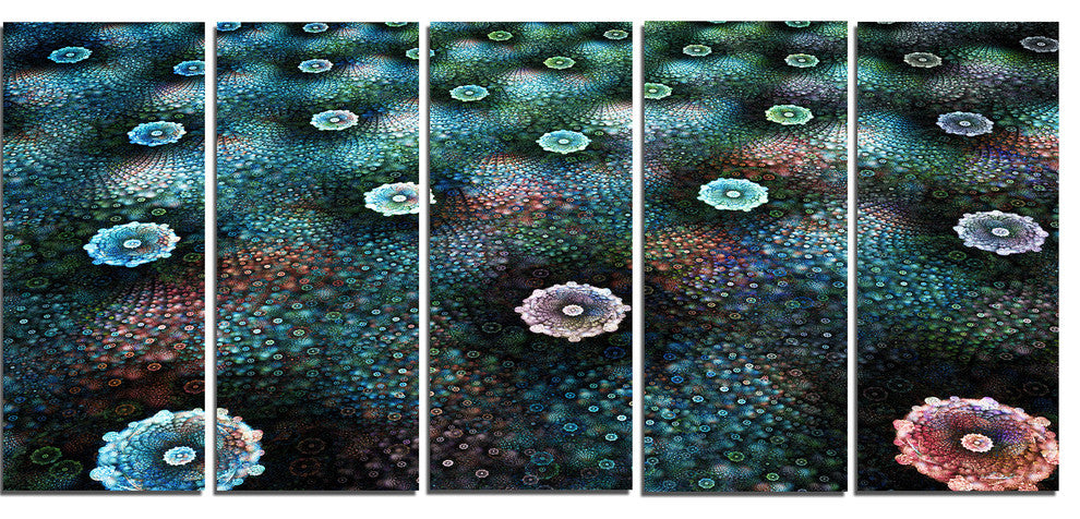 Blue Flowers on Alien Planet, Floral Canvas Art Print, 60"x28", 5 Panels