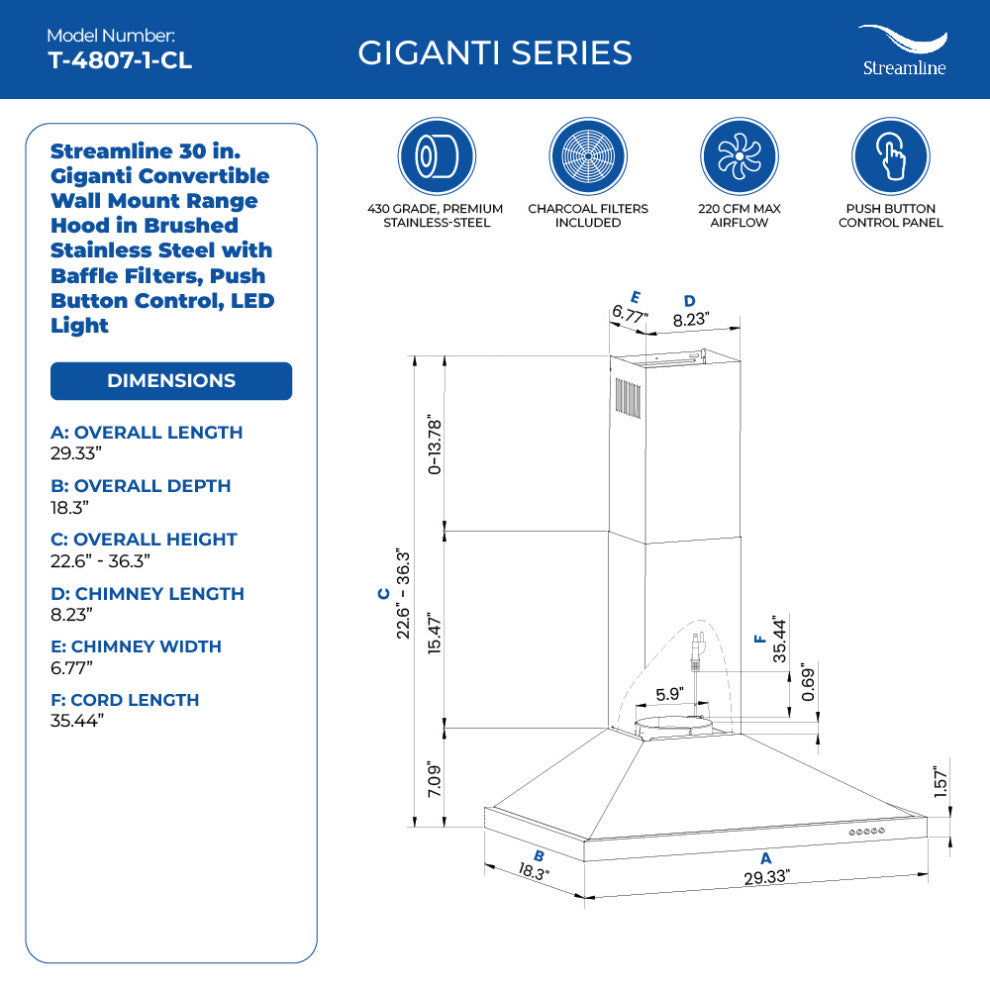 Streamline 30" Giganti Convertible Wall Mount Range Hood, Stainless Steel