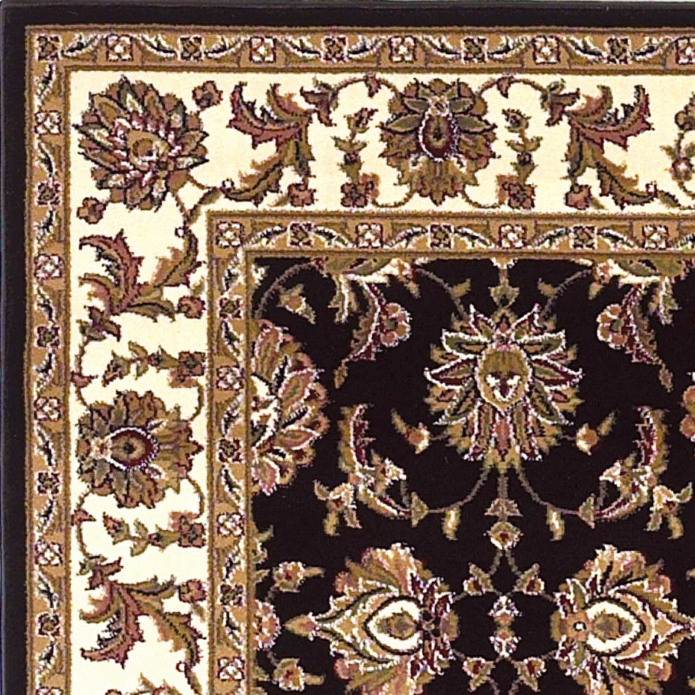 HomeRoots 7' Octagon Black or Ivory Floral Vines Bordered Indoor Area Rug