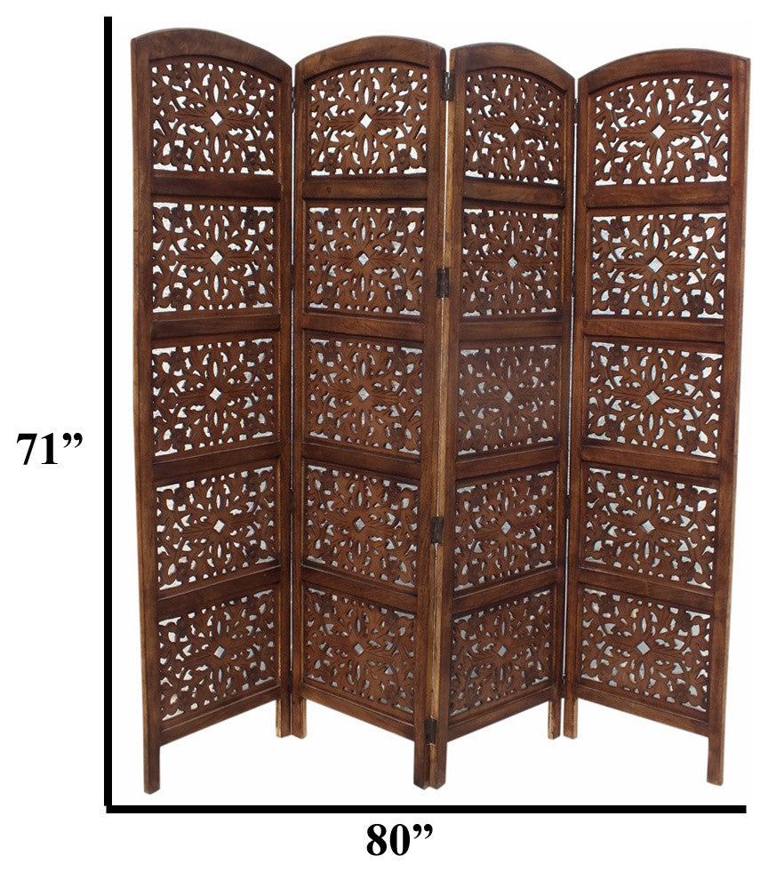 Handmade Foldable 4 Panel Wooden Partition Screen Room Divider Brown