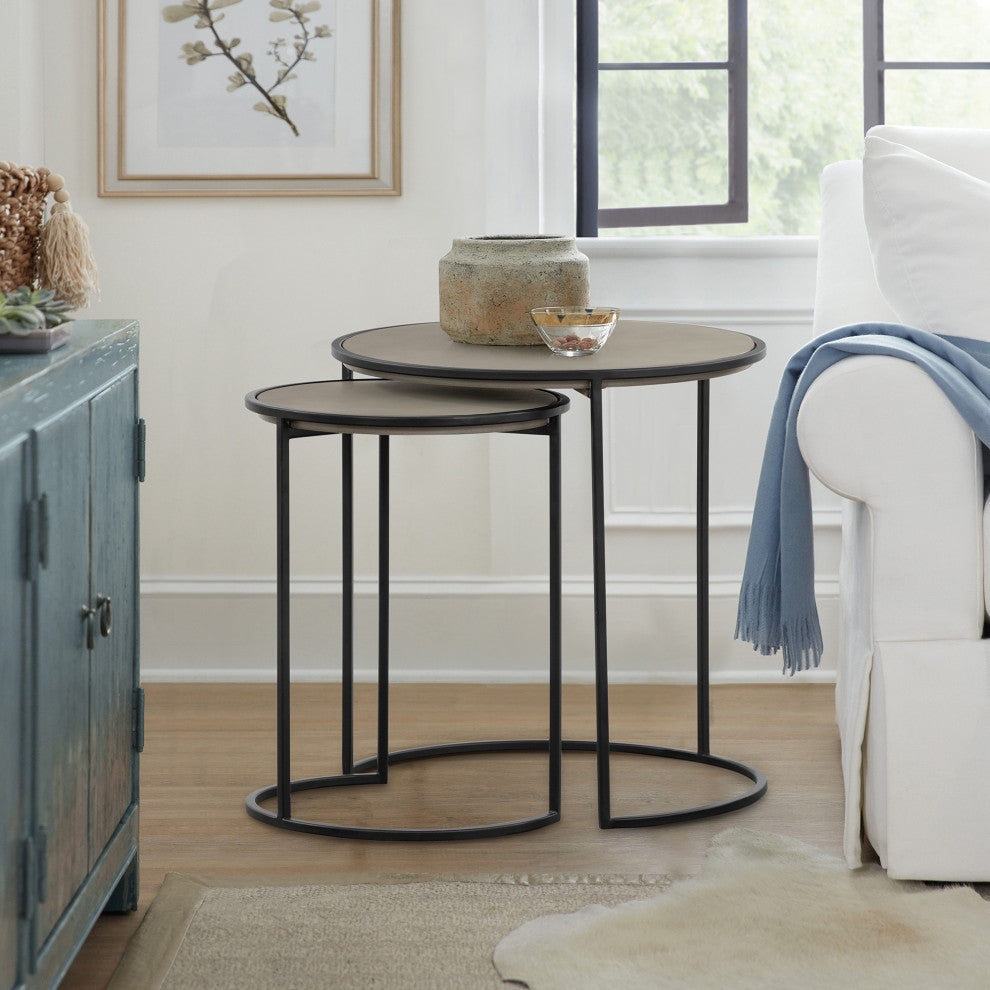 Rina Concrete and Black Metal 2-Piece Nesting End Table Set