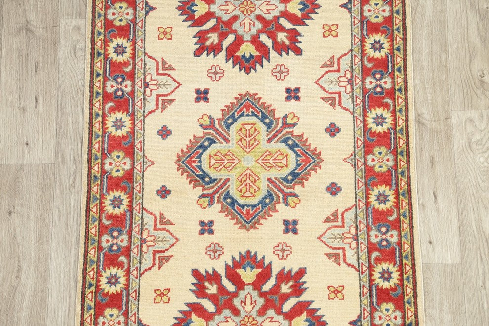 Pakistani Traditional Kazak Wool Hand Made Oriental Runner Rug, Beige, 6'7"X2'9"