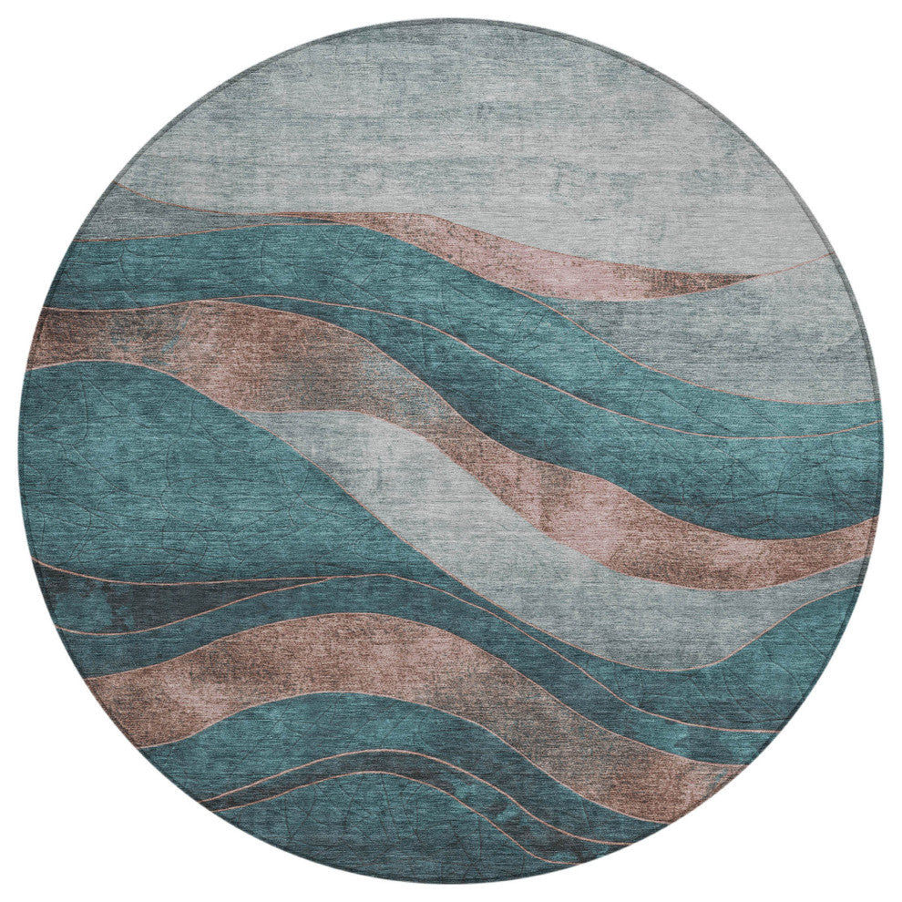 Machine Washable Indoor/Outdoor Chantille ACN1892 Teal 8' x 8' Round Rug