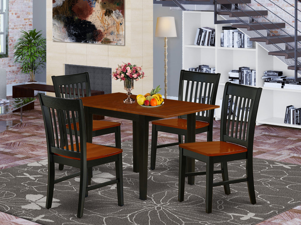 5Pc Wood Dining Set, Rectangle Table, 4 Chairs, Hardwood Seat, Black-Cherry