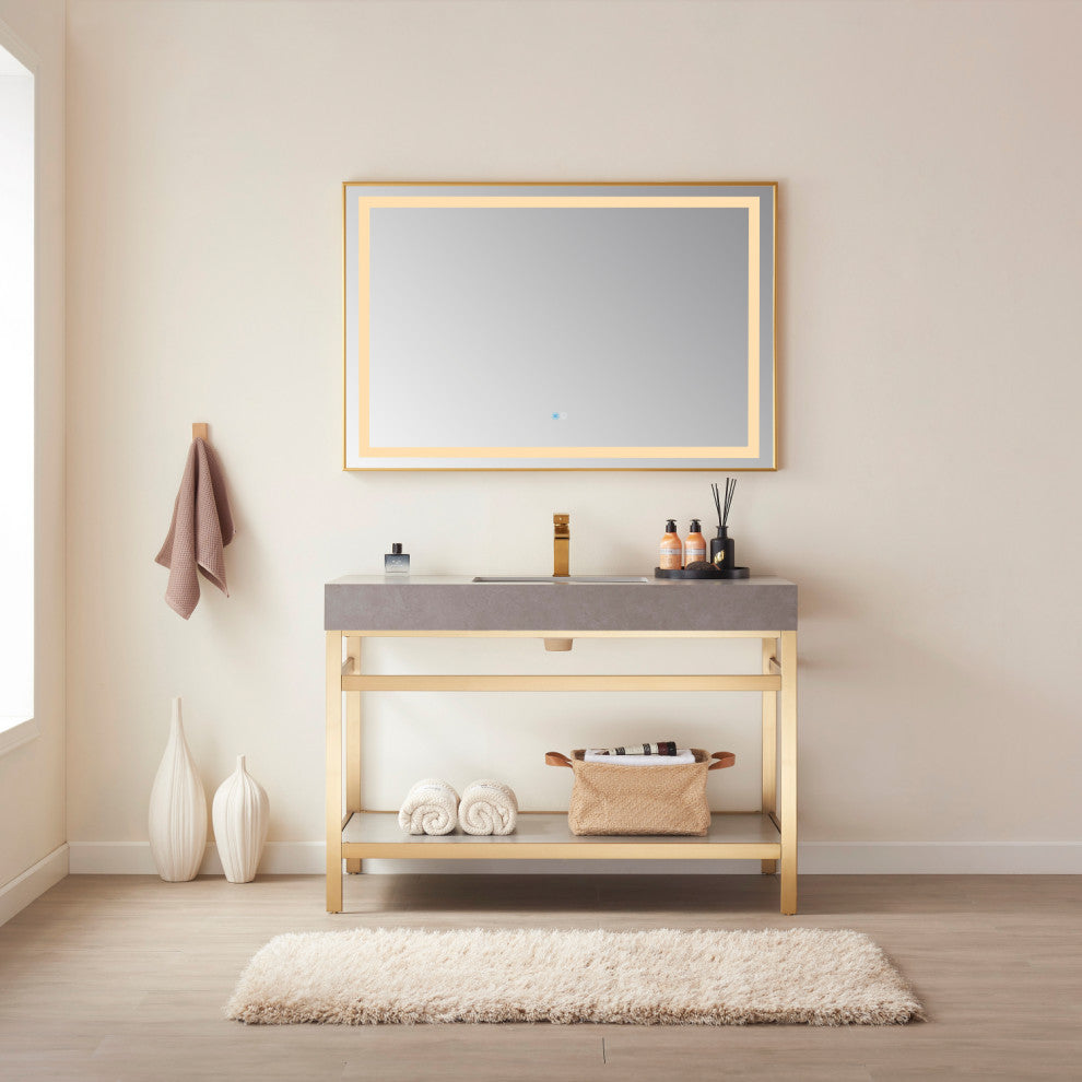 Horizontal Rectangular LED Wall Mount Bathroom Mirror, Gold, 48"