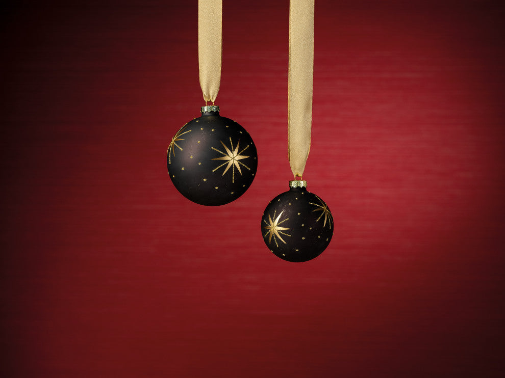 4" Gold and Black Star Design Ball Ornaments, Set of 6