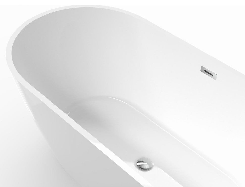 Acrylic Freestanding Bathtub, Oval Glossy White With Drain and Overflow Cover, 59"