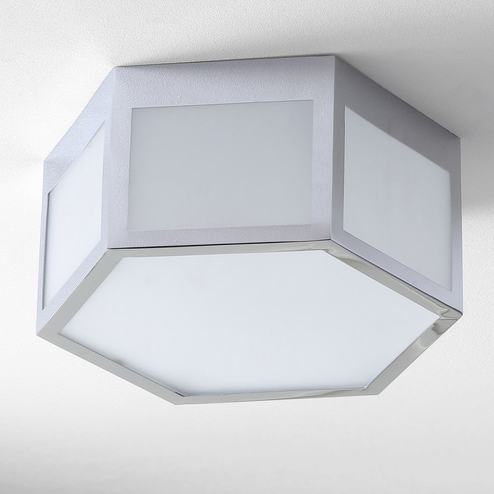 Minimo Hexagon Metal and Frosted Glass LED Flush Mount, Chrome, Width: 13"