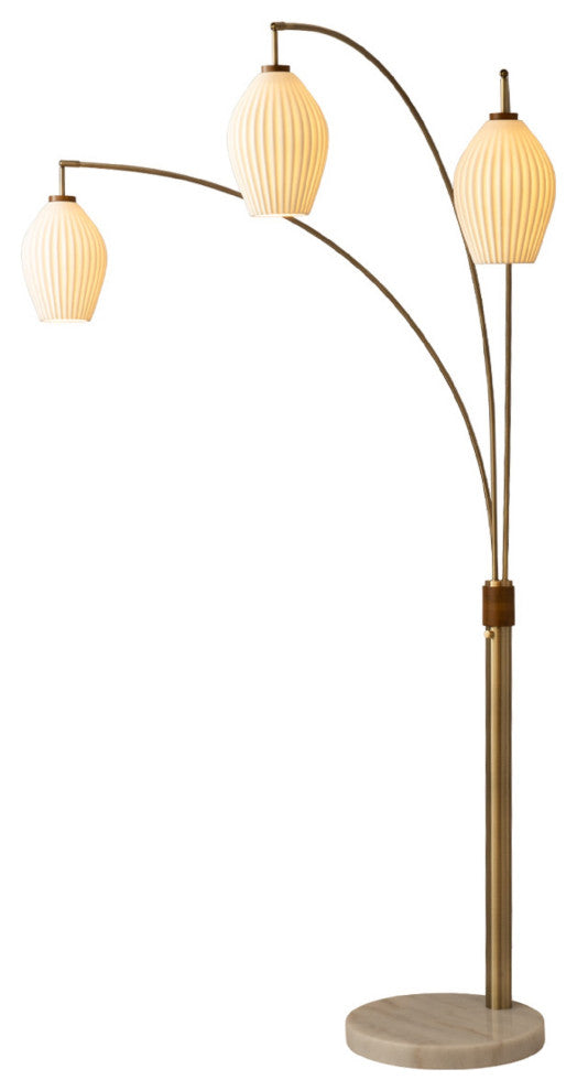 Santa Clara Bone Porcelain 3 Light Arc Floor Lamp -85", Weathered Brass & Walnut