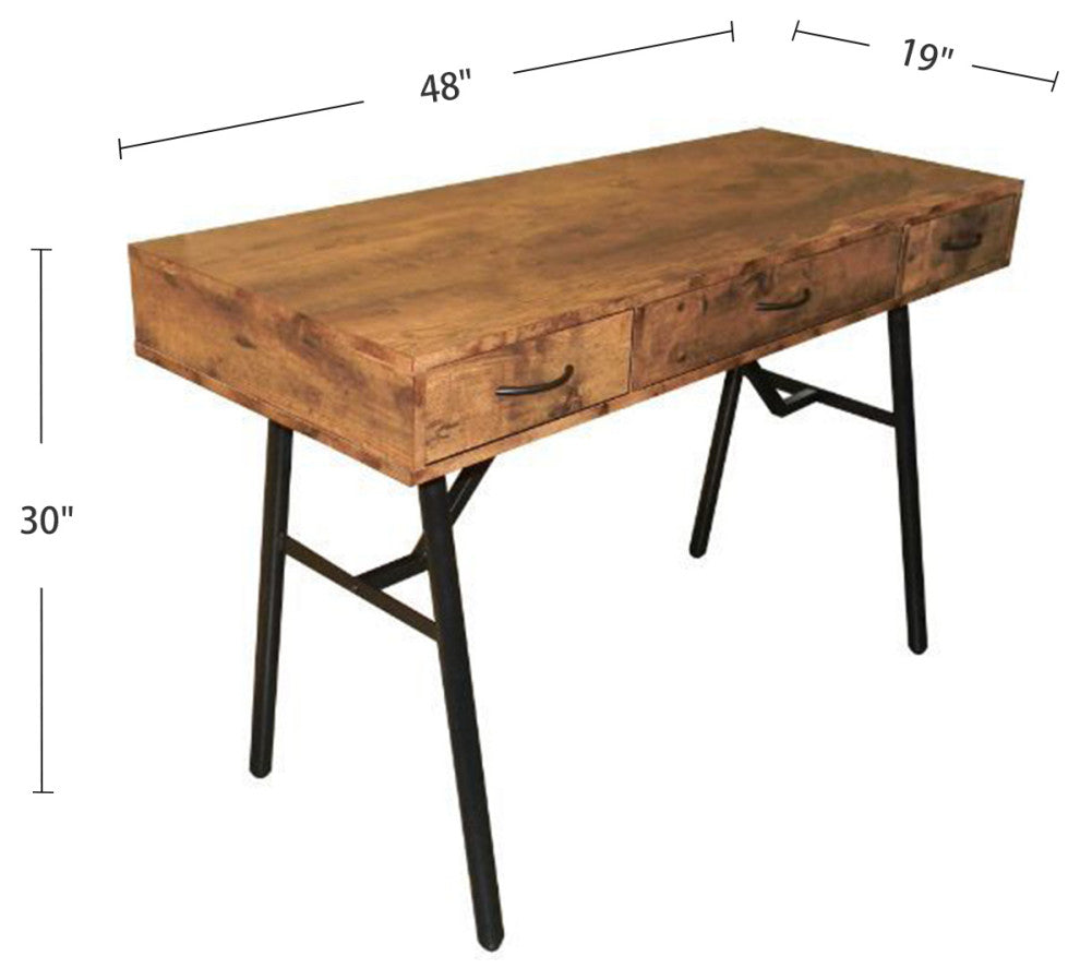 3 Drawers Writing Desk, Rustic Oak and Black Finish