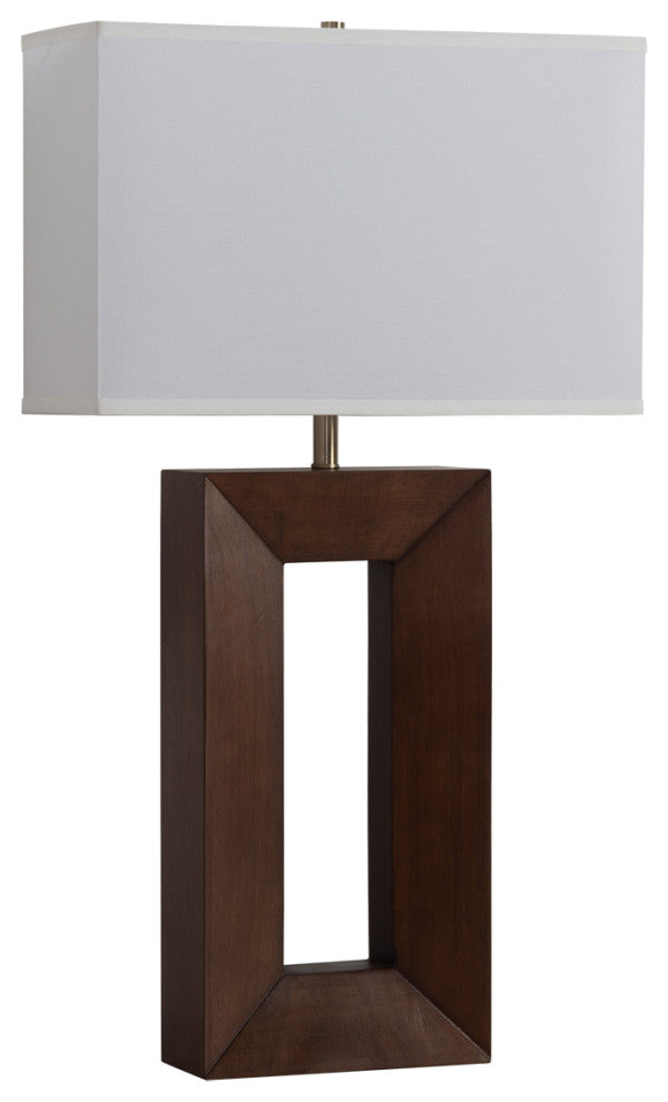 Julie Standing Table Lamp, White Linen Shade, Dark Walnut Wood Finish, Weathered Brass