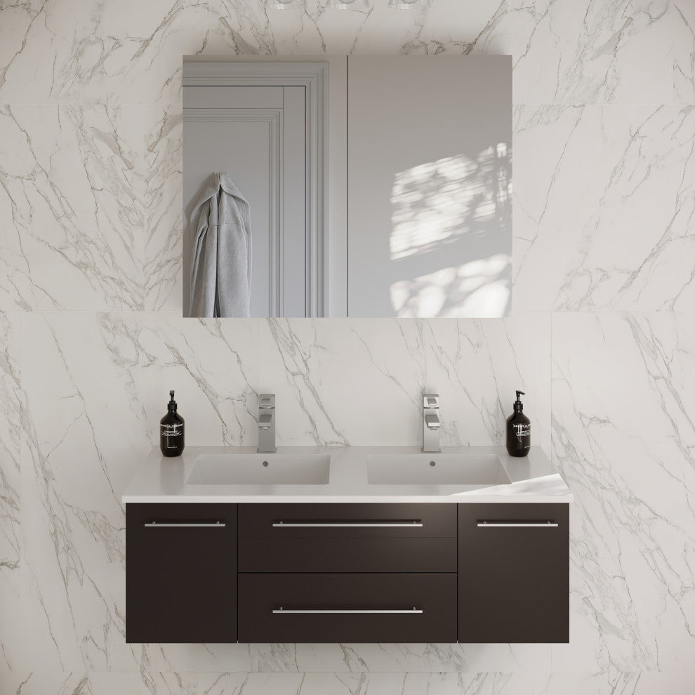 48" Espresso Wall Hung Double Undermount Sink Bathroom Vanity, Medicine Cabinet