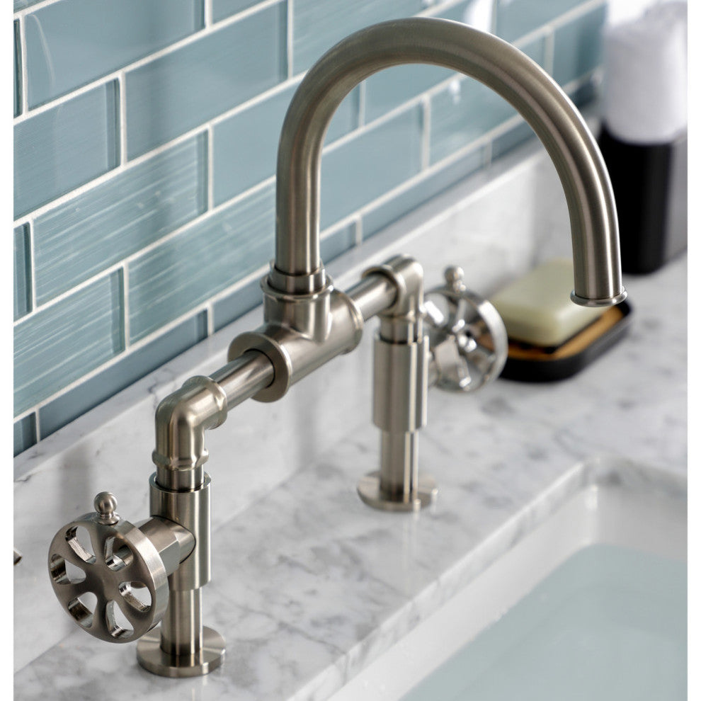 Belknap Style Wheel Handle Bridge Bathroom Faucet With Drain, Brushed Nickel