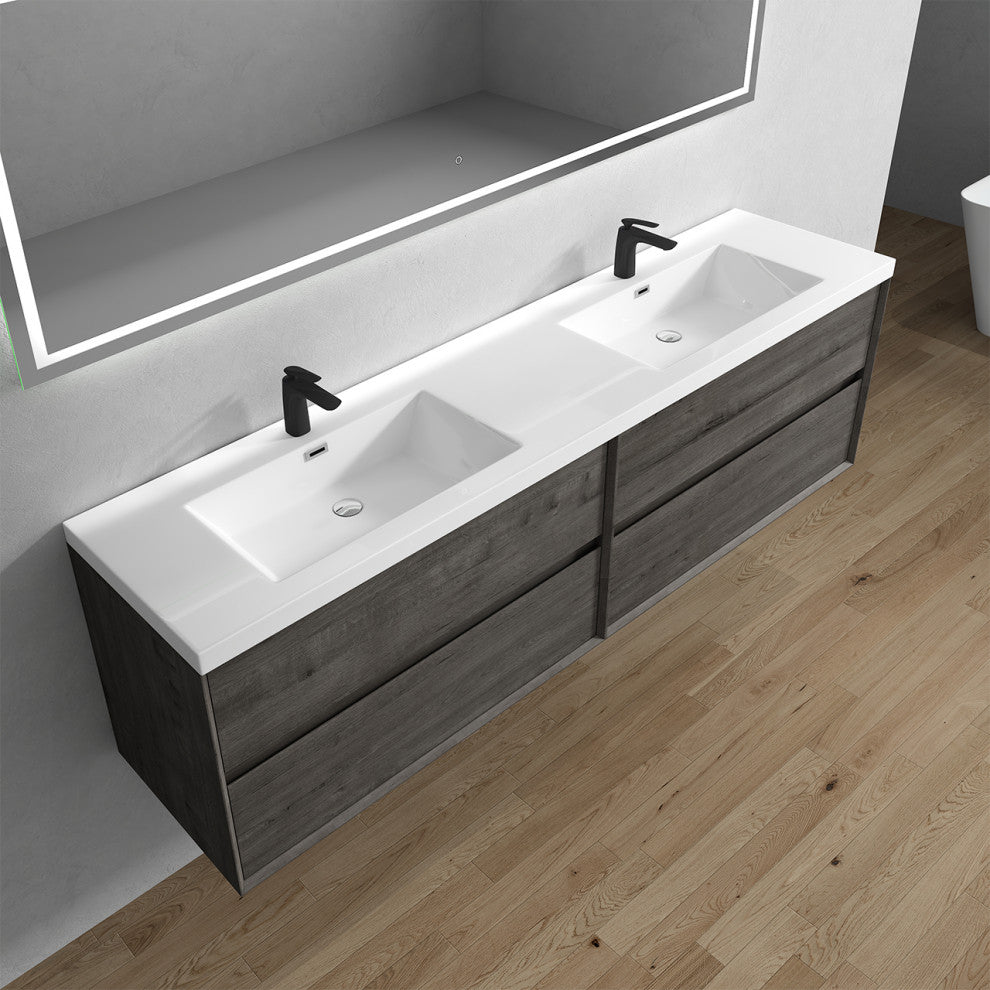 Kingdee Smoke Oak Wall Mounted Vanity With Reinforced Acrylic Sink, 84"