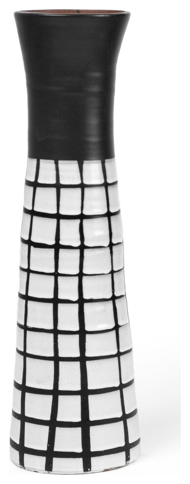 17" Black and White Modern Grid Ceramic Vase
