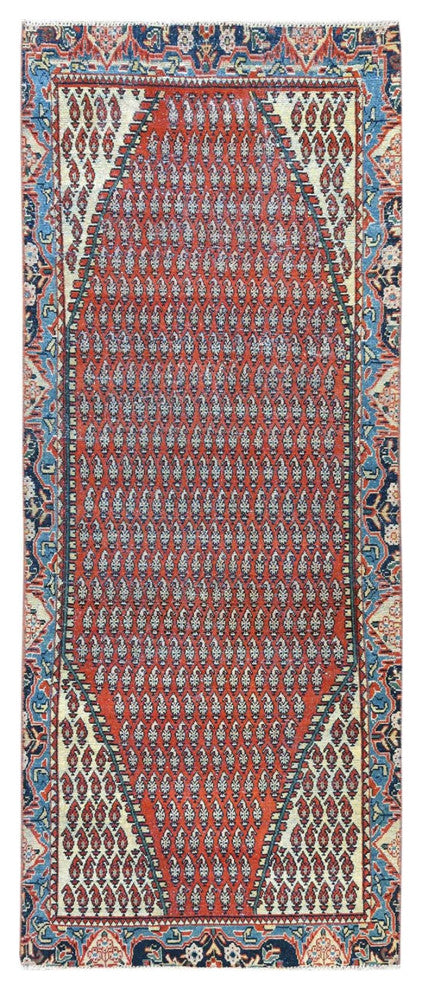 Tomato Red Wool Vintage Persian Serab Hand Knotted Wool Worn Down Rug, 3'7"x9'3"