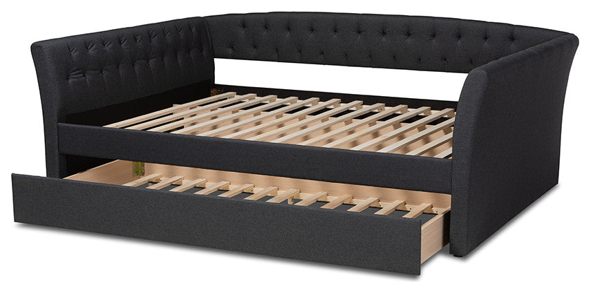 Delora Dark Grey Fabric Upholstered Full Size Daybed With Roll-Out Trundle Bed