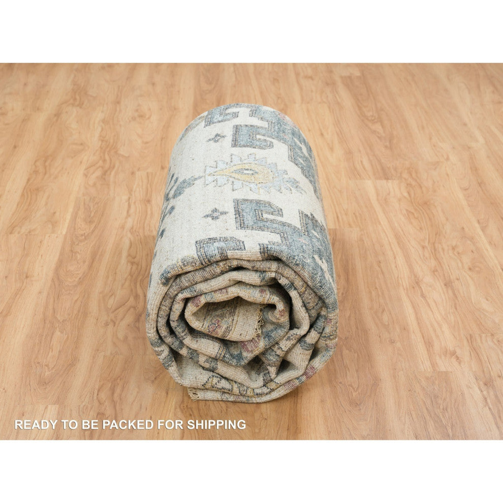 Ivory Hand Knotted Reimagined Viss Design 100% Wool Oriental Rug, 10'x14'