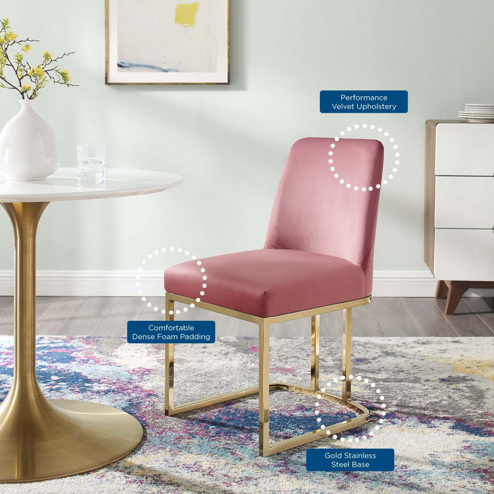 Side Dining Chair, Velvet, Metal, Gold Pink, Modern, Cafe Bistro Restaurant