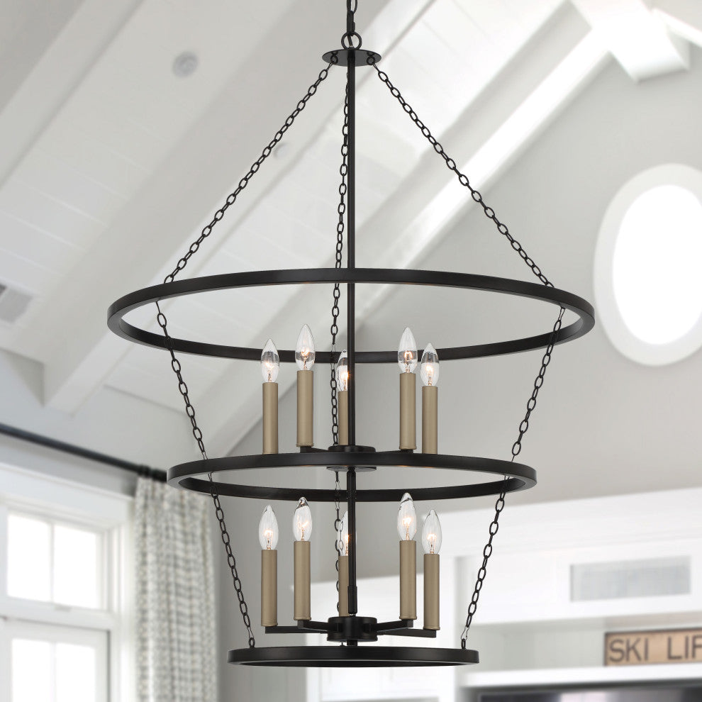 10-Light Candle Style Wagon Wheel Chandelier, Classic Black/Brass Dust