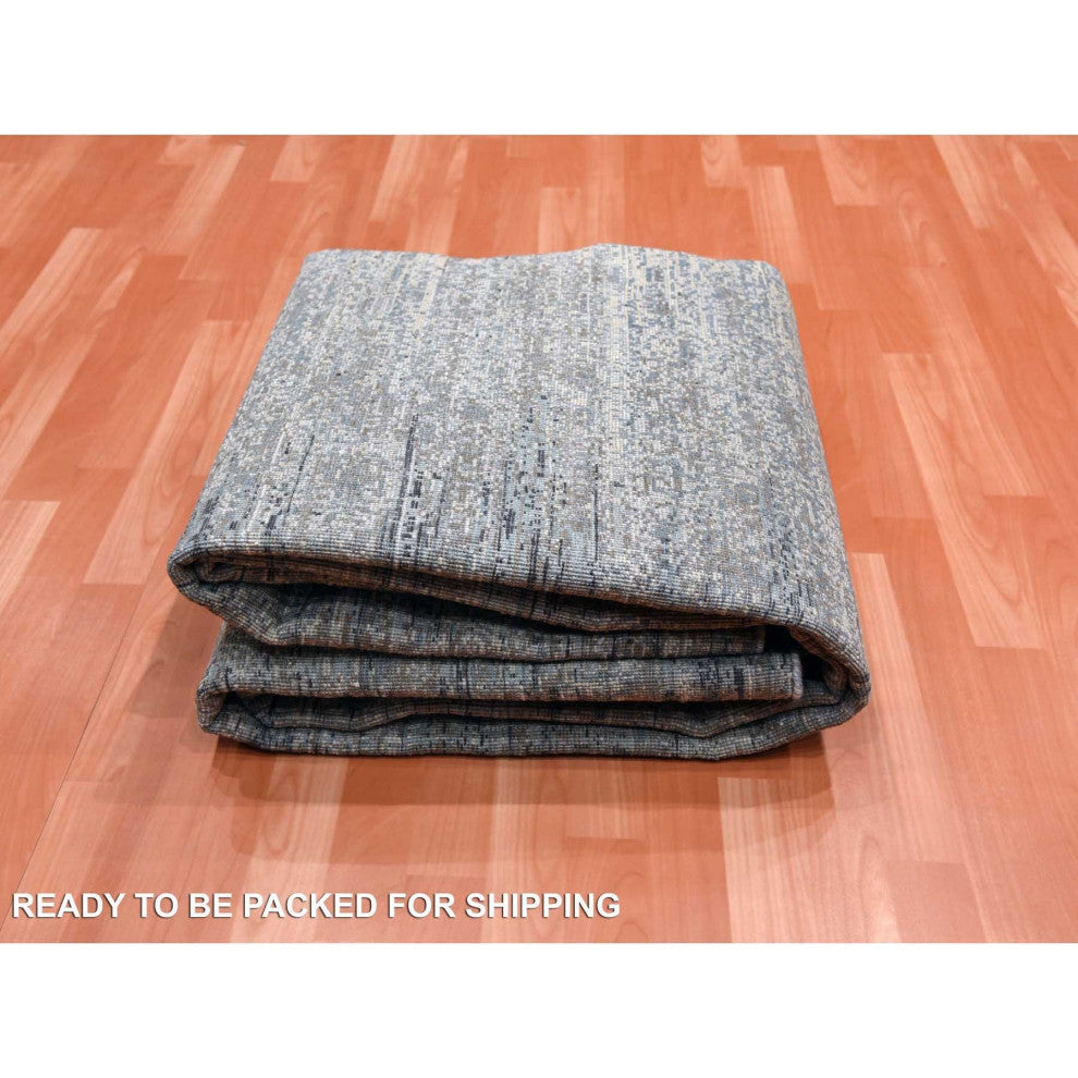 Blue Oceanic Wool and Pure Silk Hand Knotted Oriental Square Rug, 8'0"x8'2"