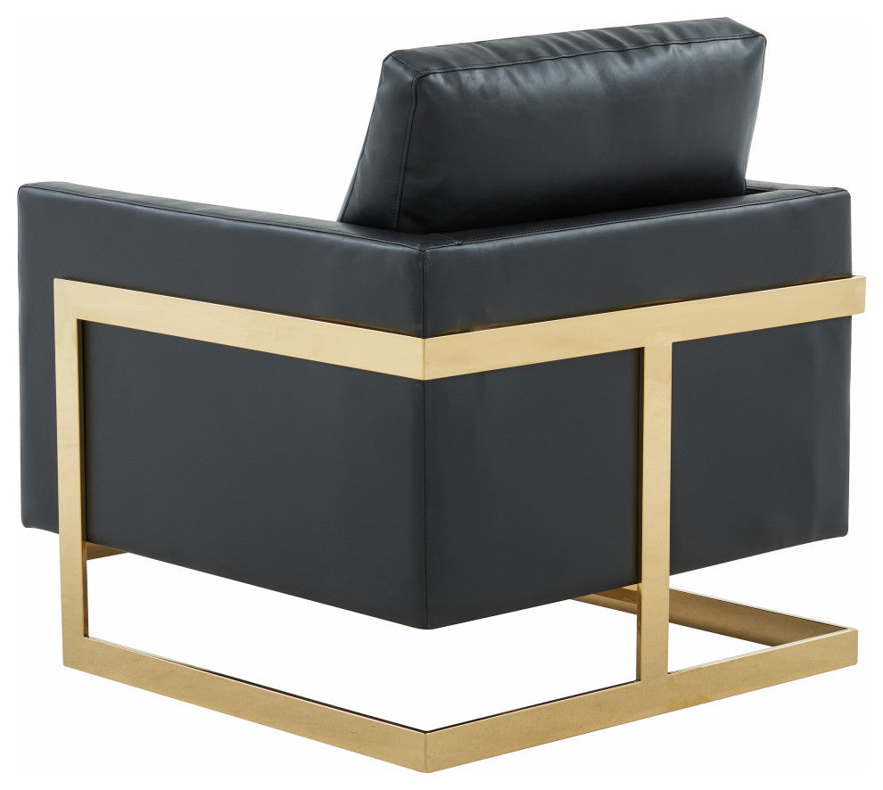LeisureMod LA31BL-L Lincoln Black Leather Accent Armchair With Gold Frame